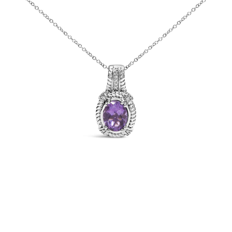 .925 Sterling Silver 9x7mm Oval Purple Amethyst and Round Diamond Accent Fashion Drop Pendant 18 Inch Necklace (I-J Color, I1-I2 Clarity) 925 sterling silver drop pendant necklace with oval amethyst and round diamond accents