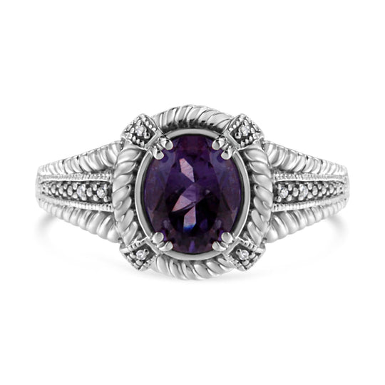 925 sterling silver ring with oval purple amethyst and diamond accent stones