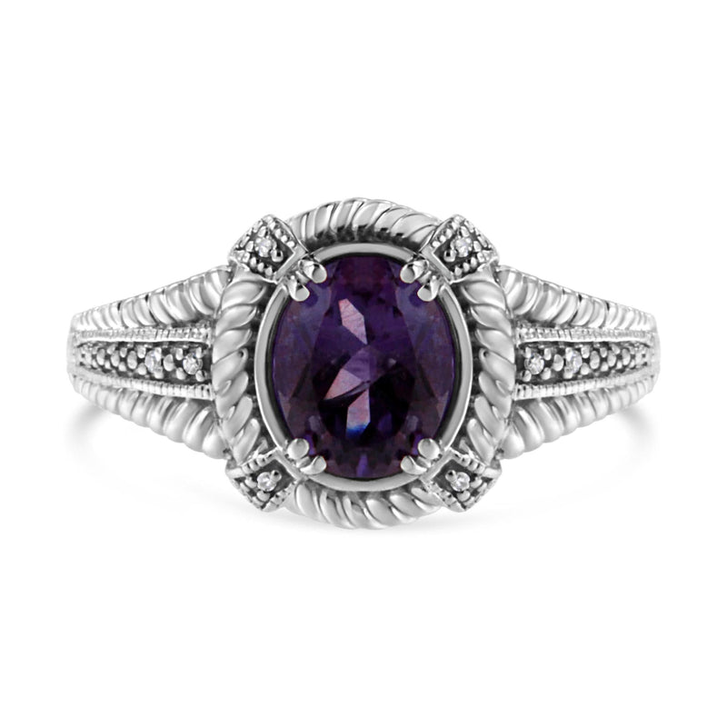 .925 Sterling Silver 9X7 Oval MM Purple Amethyst Solitaire and Diamond Accent Ring 925 sterling silver ring with oval purple amethyst and diamond accent stones