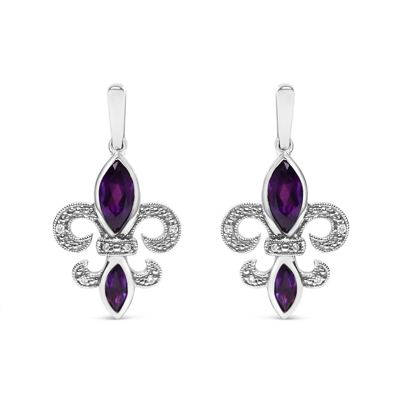 .925 Sterling Silver Marquise Cut Amethyst and Diamond Accent Fleur De Lis Dangle Stud Earrings (H-I Color, SI1-SI2 Clarity) 925 sterling silver earrings with marquise amethyst and diamond accent stones