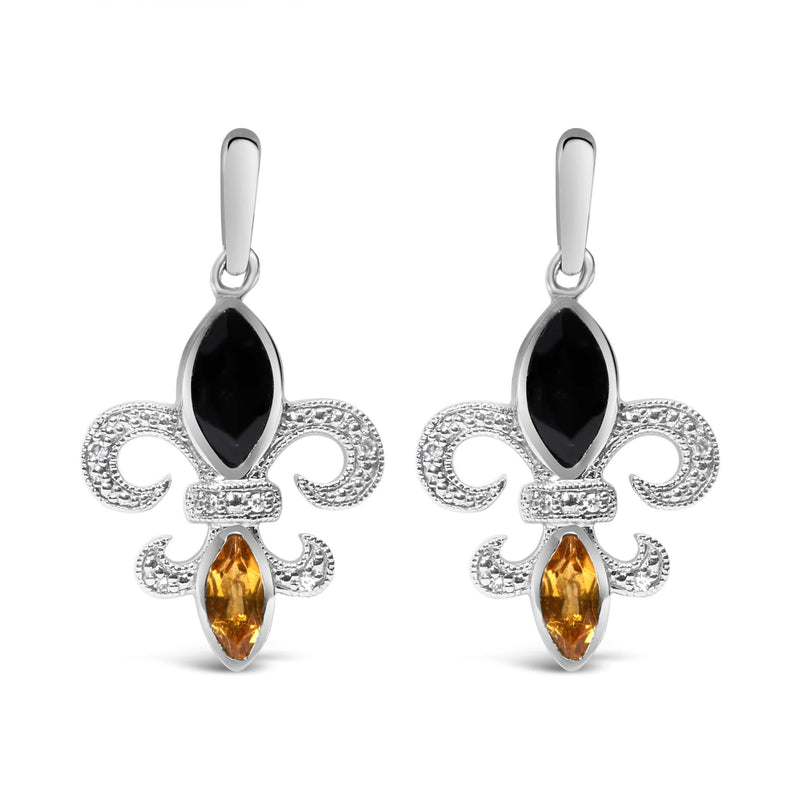 .925 Sterling Silver Marquise Cut Onyx and Citrine with Diamond Accent Fleur De Lis Drop Stud Earrings (H-I Color, SI1-SI2 Clarity) 925 sterling silver earrings with marquise onyx, citrine, and diamond accent stones