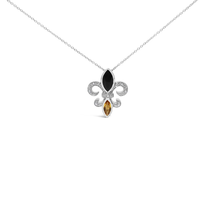 .925 Sterling Silver Marquise Onyx and Citrine and Diamond Accent Fleur De Lis Pendant Necklace (H-I Color, SI1-SI2 Clarity) - 18 925 sterling silver fleur de lis necklace with marquise onyx, citrine and diamonds