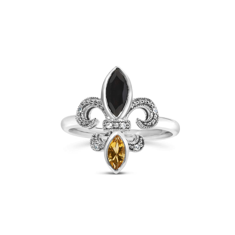 .925 Sterling Silver Black Onyx and Yellow Citrine Marquise and Diamond Accent Fleur De Lis Ring (H-I Color, SI1-SI2 Clarity) 925 sterling silver fleur de lis ring with marquise onyx citrine and diamond accents