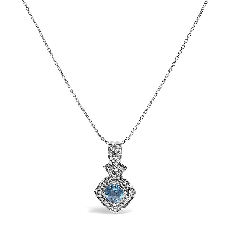 .925 Sterling Silver 5x5 mm Blue Topaz and Diamond Accent Cushion Pendant Necklace