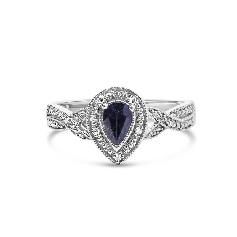 .925 Sterling Silver 6x4mm Pear Sapphire Gemstone with Diamond Accent Fashion Halo Ring (H-I Color, SI1-SI2 Clarity) 925 sterling silver ring with pear sapphire and diamond halo accent stones