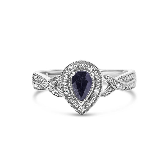 .925 Sterling Silver 6x4mm Pear Sapphire Gemstone with Diamond Accent Fashion Halo Ring-0