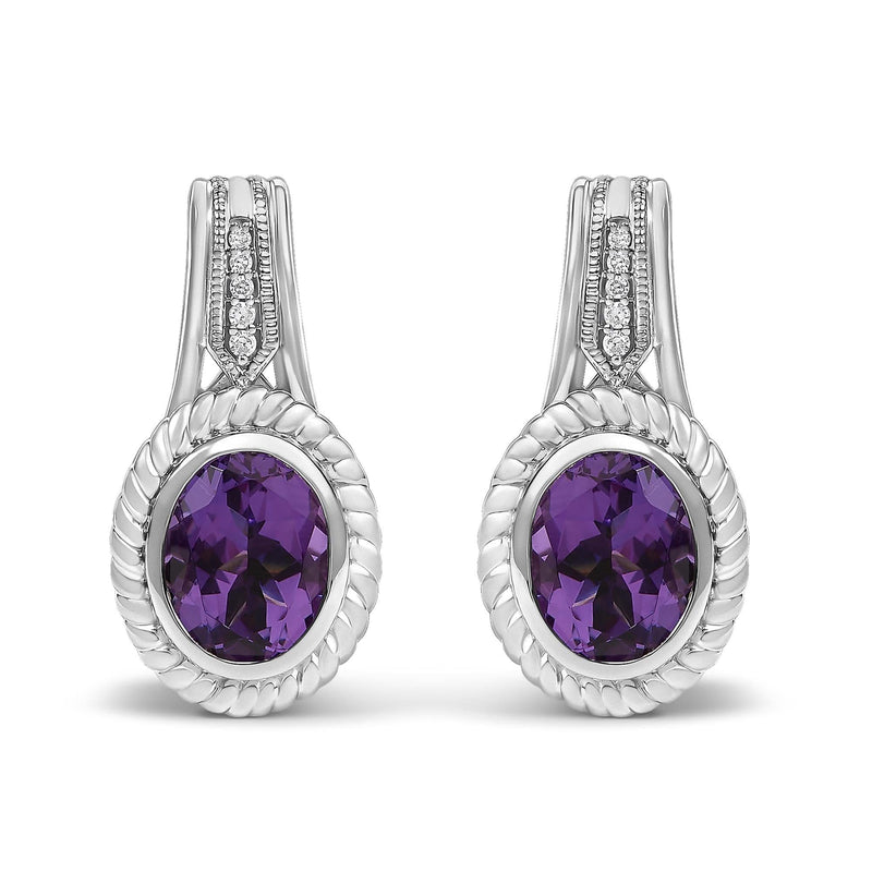 Sterling Silver Oval Purple Amethyst and Diamond Accent Rope Design Drop Earrings 925 sterling silver drop earrings with oval amethyst and diamond accent stones