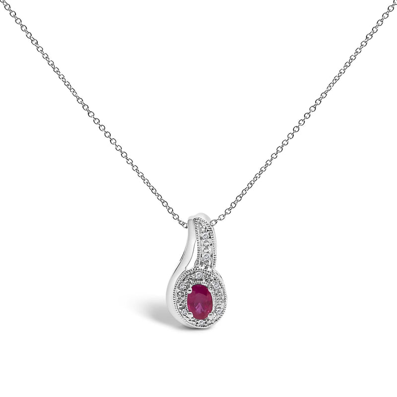 .925 Sterling Silver Red Ruby and Diamond Accent Milgrain Swirl Pendant Necklace - 18 925 sterling silver pendant necklace with ruby center and diamond accents