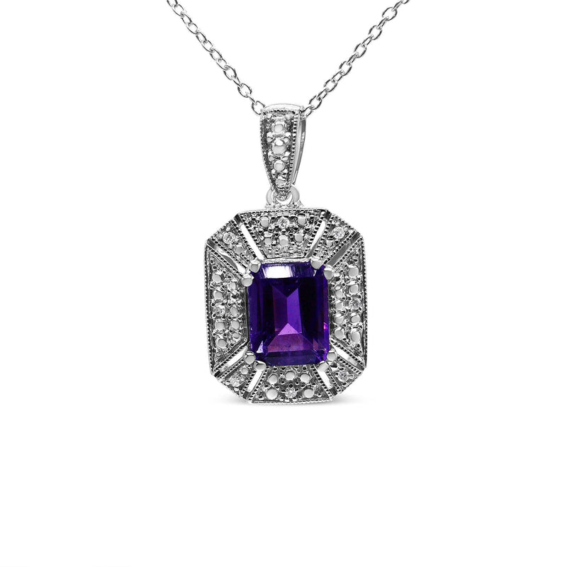 .925 Sterling Silver Purple Amethyst and Diamond Accent Art Deco Style 18 925 sterling silver Art Deco necklace with amethyst and diamond accent stones