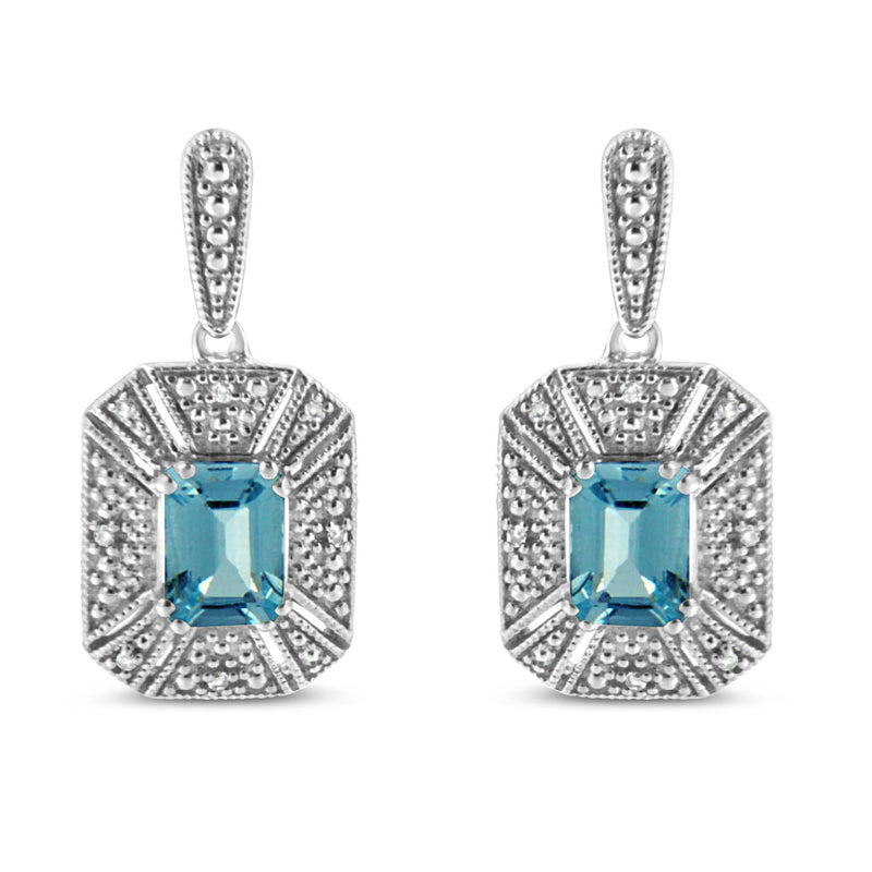 .925 Sterling Silver 7x5MM Emerald Shape Blue Topaz and Diamond Accent Art Deco Halo Style Drop and Dangle Earrings (I-J Color, I1-I2 Clarity) 925 sterling silver drop earrings with emerald-shape blue topaz and diamond halo accents