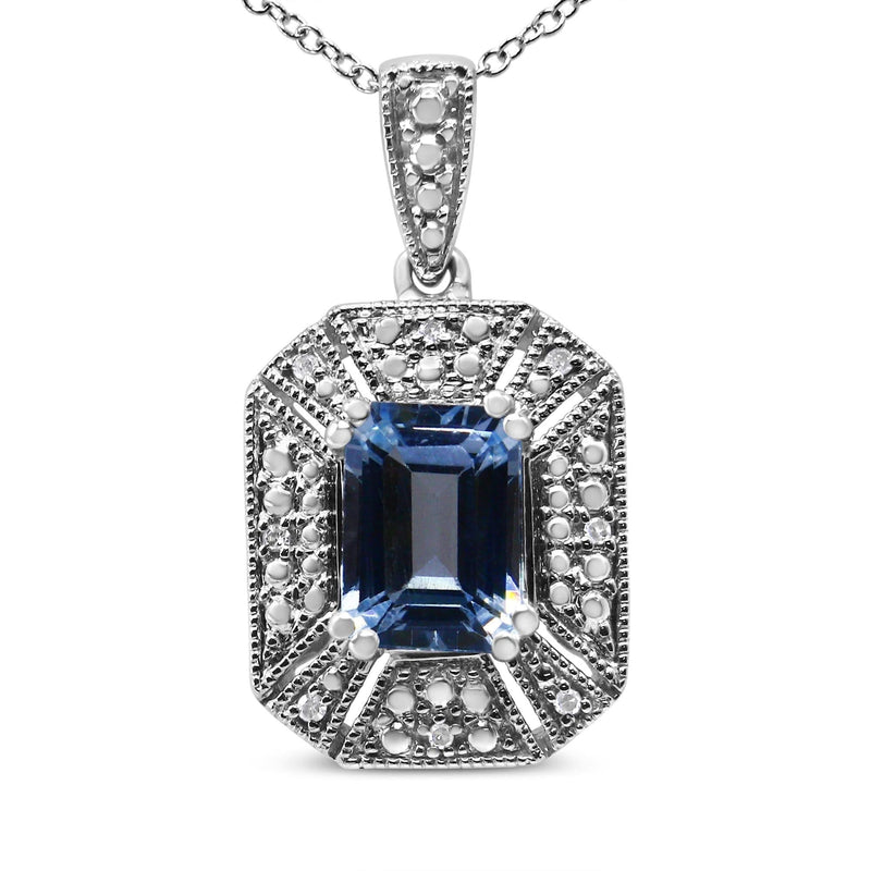 .925 Sterling Silver Blue Topaz and Diamond Accent Art Deco Style 18 925 sterling silver Art Deco necklace with blue topaz and diamond accents
