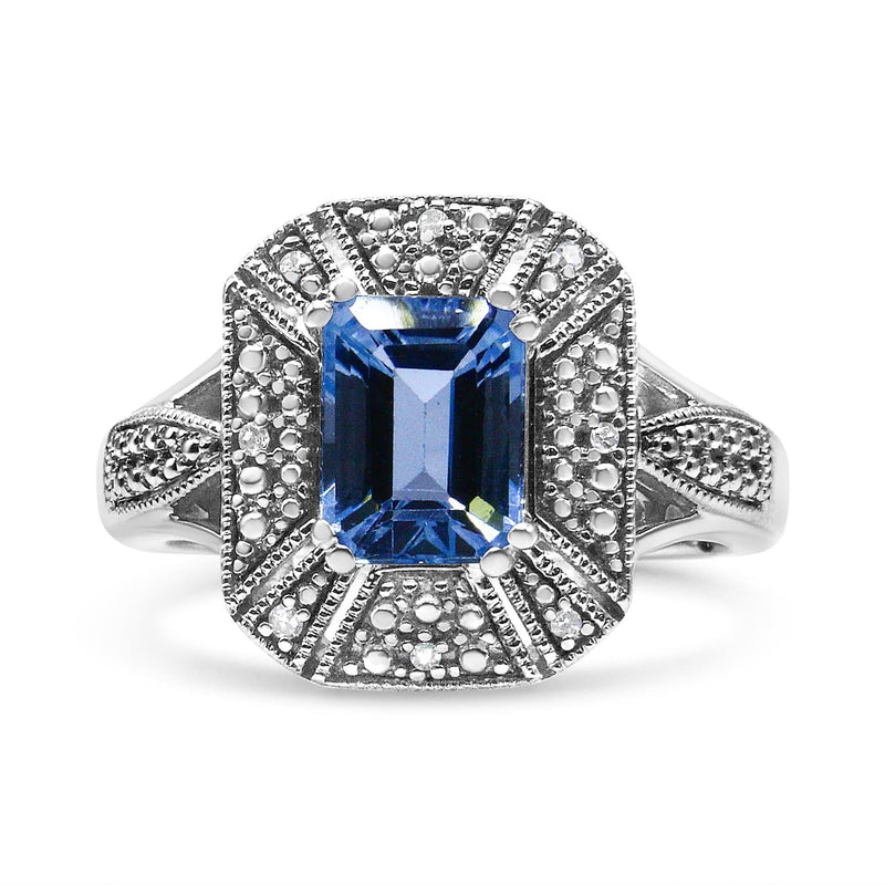 .925 Sterling Silver Diamond Accent and 8X6 mm Emerald-Shape Blue Topaz Ring (I-J Color, I2-I3 Clarity) 925 sterling silver ring with emerald-cut blue topaz and diamond accent stones