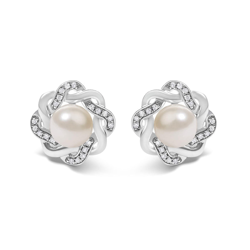 Sterling Silver Pearl and 1/10 Cttw Diamond Floral Twist Stud Earrings 925 sterling silver earrings with pear diamonds and central pearl in floral twist