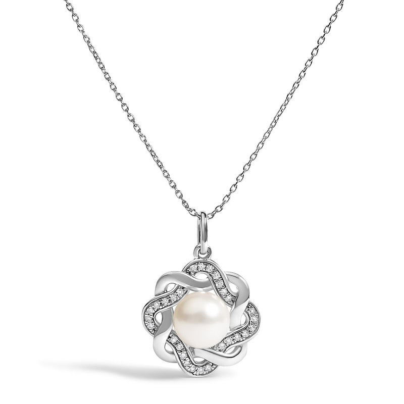 Sterling Silver Cultured Pearl and Diamond Accent Rosette Pendant Necklace