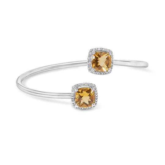 925 sterling silver bypass bangle with cushion citrine and diamond accent stones