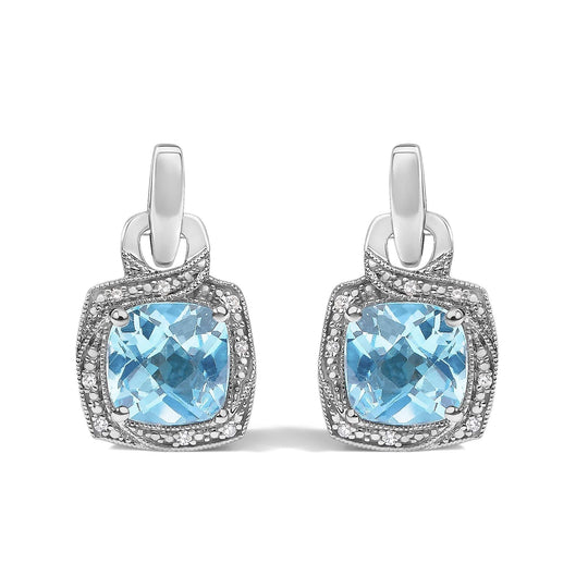 Sterling Silver Cushion Cut Blue Topaz and Diamond Accent Geometric Dangle Earrings-0