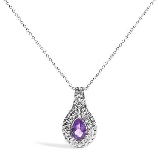 Sterling Silver Pear-Cut Purple Amethyst and Diamond Accent Beaded Teardrop Pendant Necklace