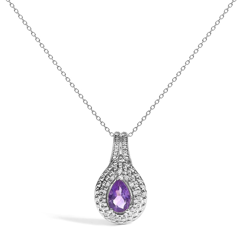 Sterling Silver Pear-Cut Purple Amethyst and Diamond Accent Beaded Teardrop Pendant Necklace