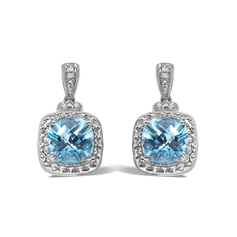 Sterling Silver 8x8mm Cushion Cut Blue Topaz and Diamond Accent Drop Earrings 925 sterling silver earrings with cushion cut blue topaz and diamond accents