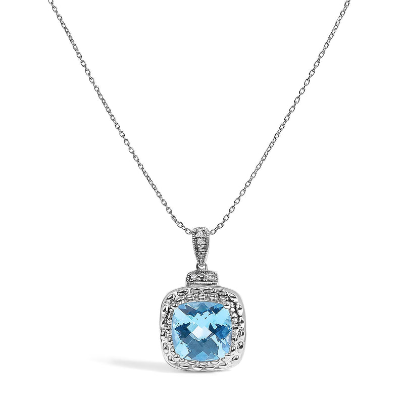 Sterling Silver Cushion-Cut Blue Topaz and Diamond Accent Beaded Halo Pendant Necklace