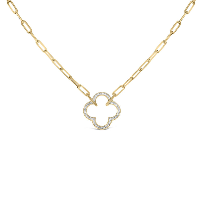 Gold Vermeil 1/10 Cttw Diamond Paperclip Chain Clover Pendant Necklace Gold Vermeil 1/10 Cttw Diamond Paperclip Chain Clover Pendant Necklace-0