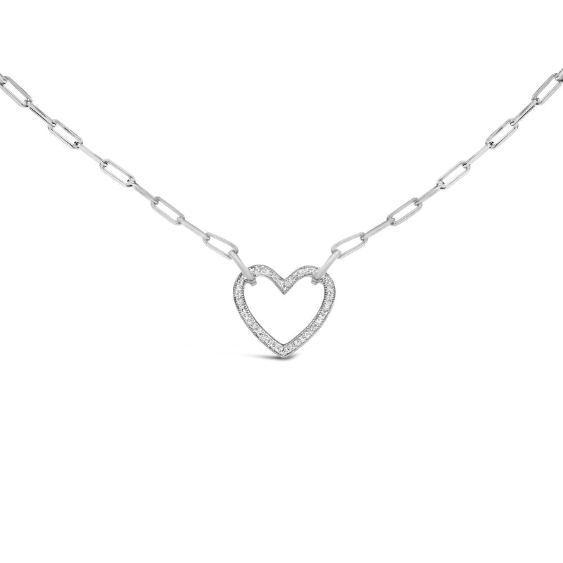 Sterling Silver Diamond Accent Open Heart Pendant Necklace with Paperclip Chain