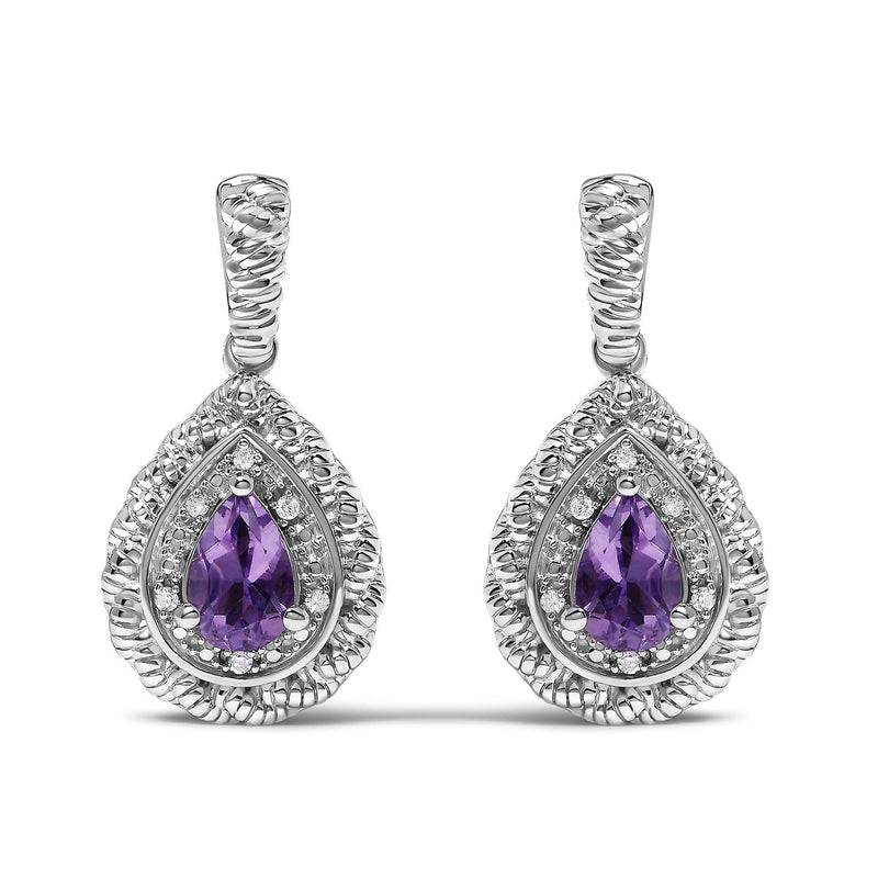 Sterling Silver Pear Cut Amethyst and Diamond Accent Teardrop Drop Earrings Sterling silver earrings with pear amethyst and pear diamond accent stones