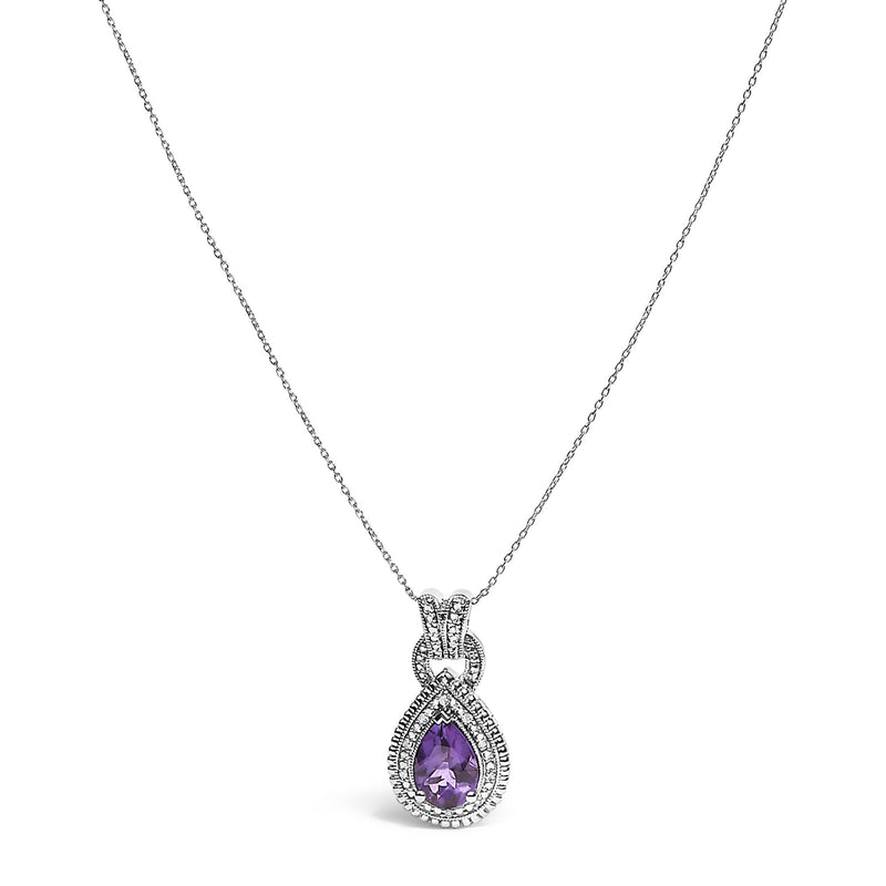 925 Sterling Silver Pear-Cut Purple Amethyst and Diamond Accent Milgrain Halo Pendant Necklace
