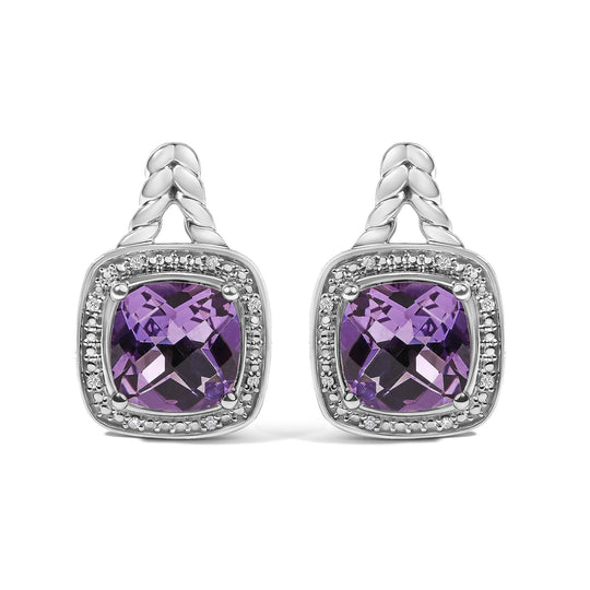 Sterling Silver Cushion Cut Amethyst and Diamond Accent Halo Drop Earrings-0