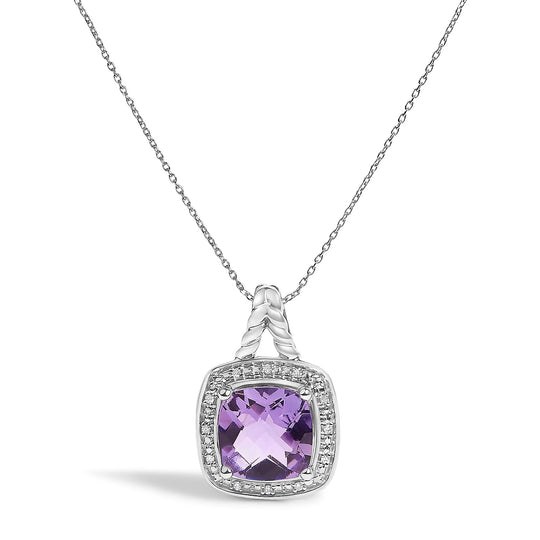 925 Sterling Silver Cushion-Cut Purple Amethyst and Diamond Accent Halo Pendant Necklace