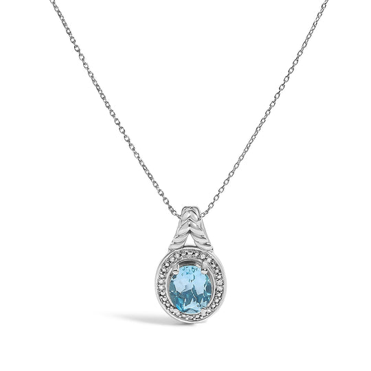 925 Sterling Silver Oval Blue Topaz and Diamond Accent Halo Pendant Necklace