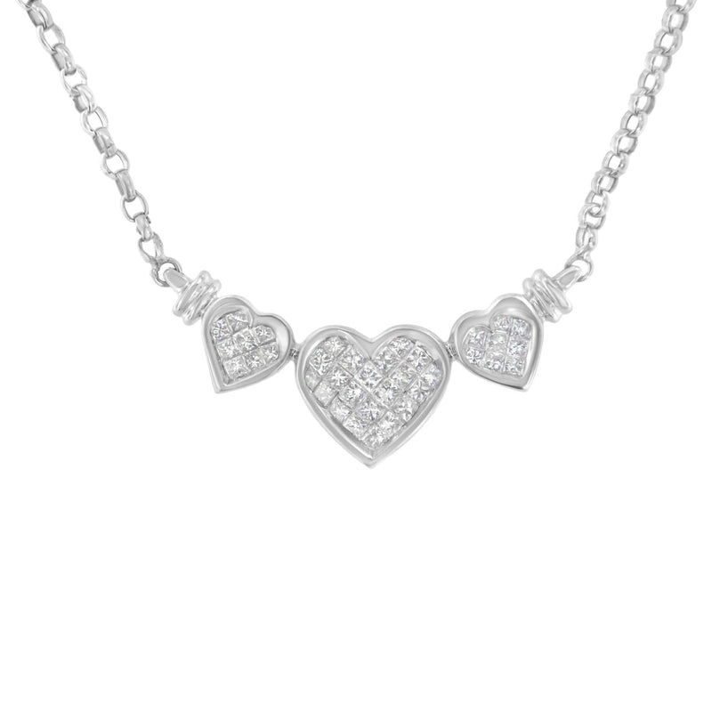 14K White Gold 1.0 Cttw Princess Cut Diamond Three Heart 18 14K white gold necklace with three heart pendant and princess cut diamonds
