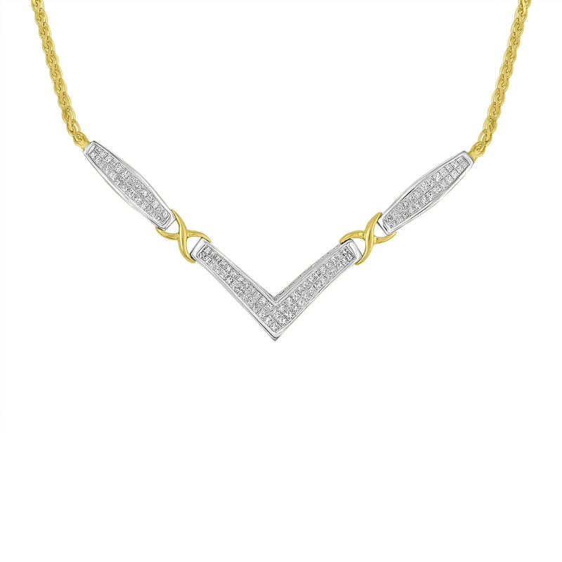 14K Yellow and White Gold 2.0 Cttw Princess Cut Diamond Flared and X-Station V Shaped 18” Franco Chain Statement Necklace (H-I Color, SI2-I1 Clarity) 14K white gold necklace with princess cut diamond stones on Franco chain