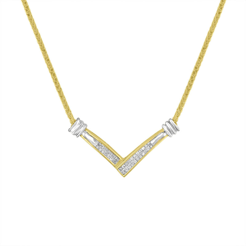 14K Yellow and White Gold 1/4 Cttw Princess Cut Diamond Channel-Set “V” Shape 18 14K white gold necklace with princess cut diamond stones in channel V setting