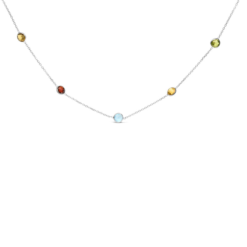 14K White Gold Bezel Set Mixed Gemstone 7 Station Adjustable 18 14K white gold necklace with 7 bezel-set mixed gemstone stations