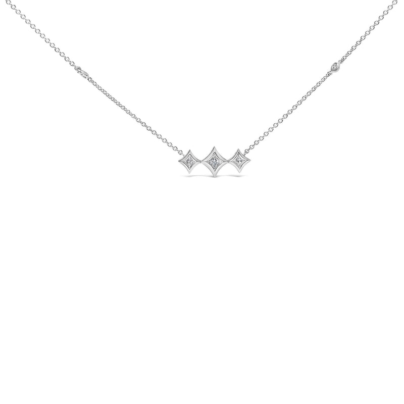 10K White Gold Bezel Set Princess Diamond 3 Stone Kite Shape and Station Necklace (H-I Color, SI2-I1 Clarity) - 18 10K white gold necklace with 3 princess diamond stones