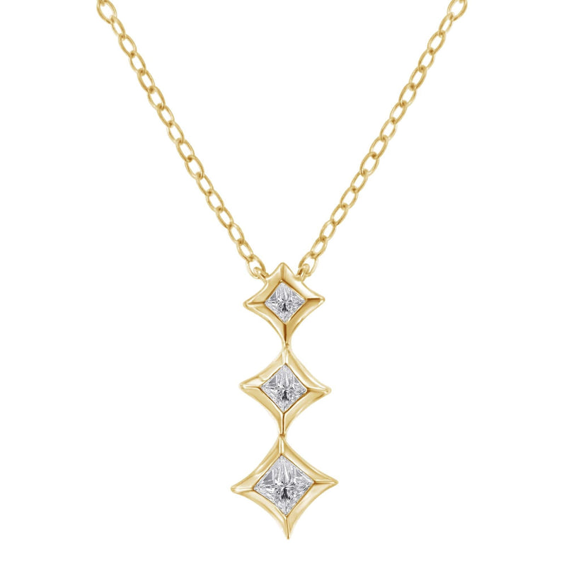 10K Gold 1/5 Cttw Princess Cut Diamond 3 Stone Drop 18 10K gold necklace with 3 princess-cut diamond stones on 18-inch chain
