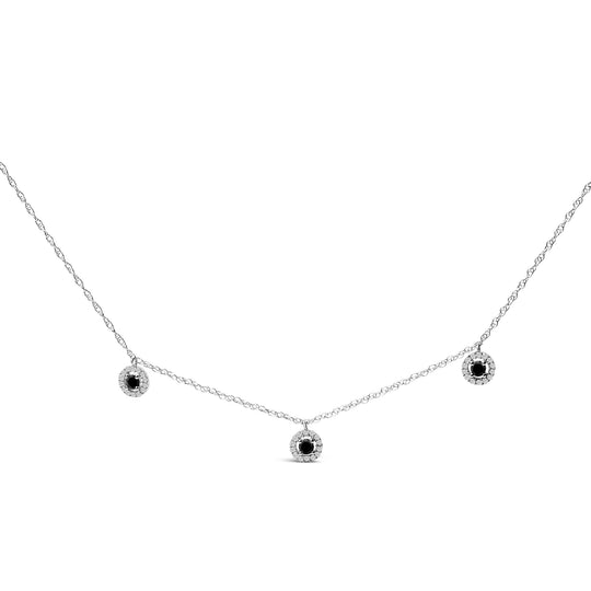 .925 Sterling Silver 5/8 Cttw Black Diamond 3 Station with Halo Necklace-0