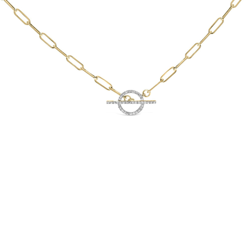 14KT Yellow Gold 1/4 Cttw Diamond Toggle Clasp Paperclip Link Necklace (I-J Color, I1-I2 Clarity) - 18 14K yellow gold paperclip necklace with round diamond accent stones