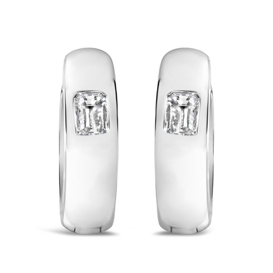 14K White Gold 1/3 Cttw Emerald Diamond Bezel Set Huggie Earrings