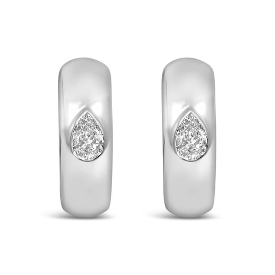 14K White Gold 1/4 Cttw Pear Diamond Bezel Set Huggie Earrings