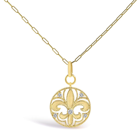 14K Yellow Gold 1/4 Cttw Round Diamond Openwork Fleur de Lis Medallion Pendant Necklace-0