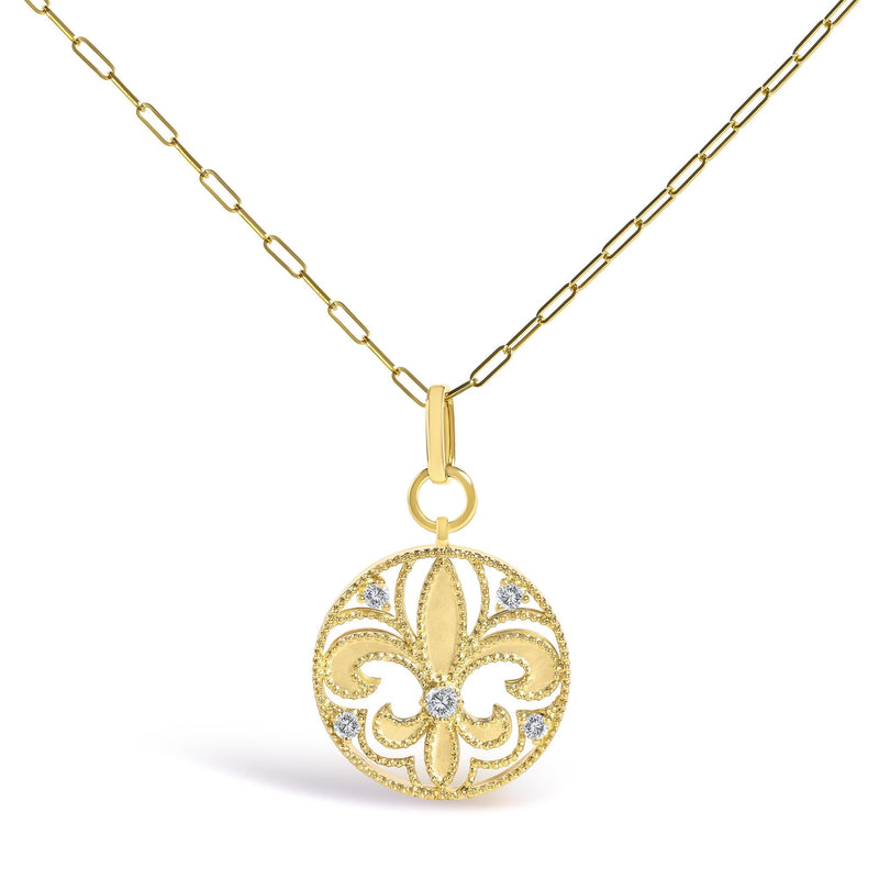 14K Yellow Gold 1/4 Cttw Round Diamond Openwork Fleur de Lis Medallion Pendant Necklace 14K Yellow Gold 1/4 Cttw Round Diamond Openwork Fleur de Lis Medallion Pendant Necklace-0