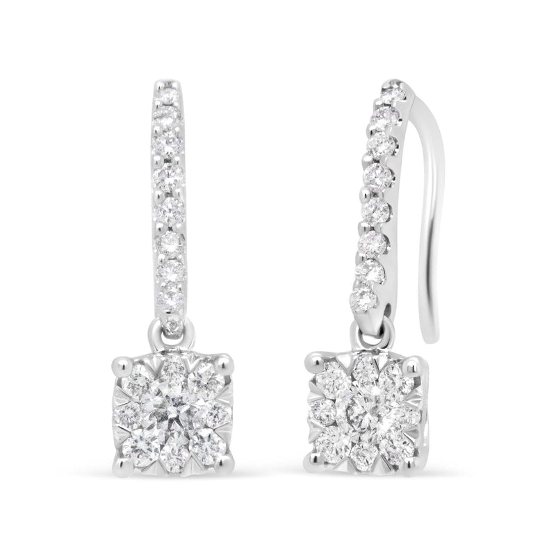 14K White 1/2 Cttw Round Diamond Halo Dangle Hook Earring - (H-I Color, SI2-I1 Clarity) 14K white gold ring with round diamond halo setting