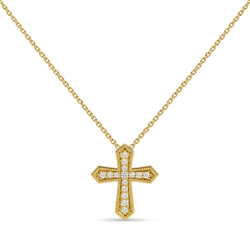10K Yellow Gold 1/7 Cttw Diamond Petite Cross Pendant Necklace