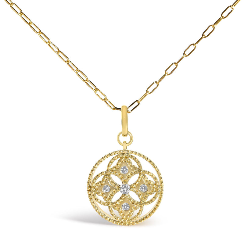 14K Yellow Gold 1/6 Cttw Diamond Openwork Medallion Pendant Necklace