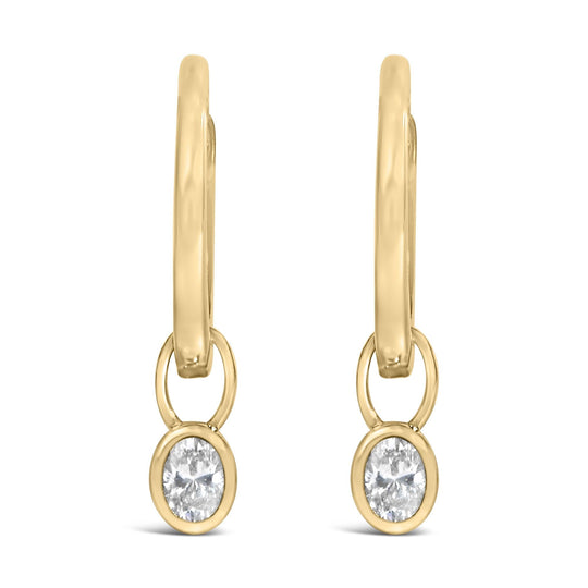 14K Yellow Gold 1/3 Cttw Oval Diamond Bezel Set Dangle Huggie Earrings
