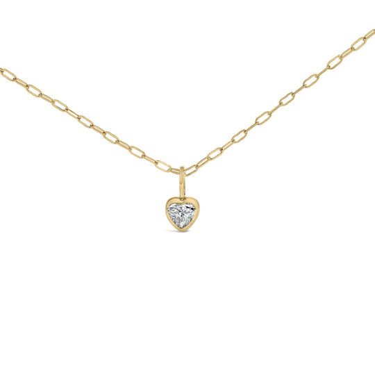 14K Yellow Gold 1/5 Cttw Heart Diamond Bezel Set Solitaire Pendant Necklace with Paperclip Chain