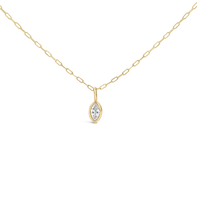 14K Yellow Gold 1/5 Cttw Marquise Diamond Solitaire Bezel Set Pendant Necklace with Paperclip Chain