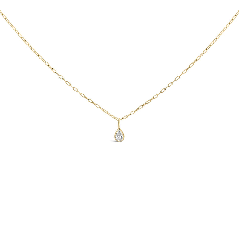 14K Yellow Gold 1/5 Cttw Pear Diamond Bezel Set Solitaire Pendant Necklace with Paperclip Chain